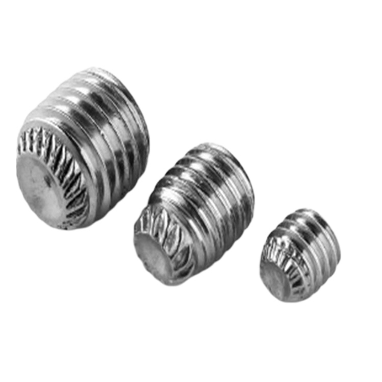 Scriú socraithe soicéad knurled cruach dhosmálta DIN 916K le pointe cupán